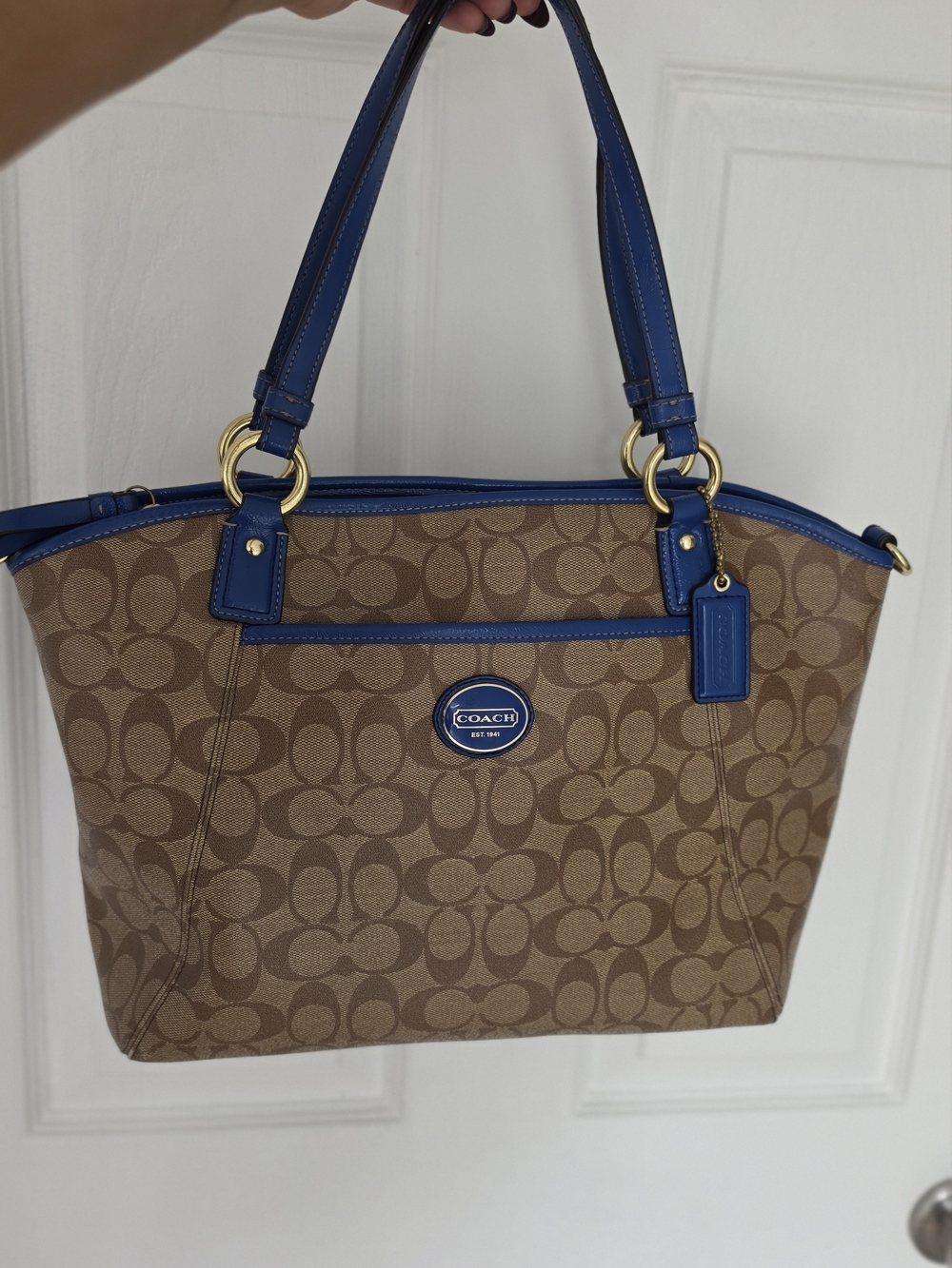 Coach Brown Signature Tote with Blue Trim